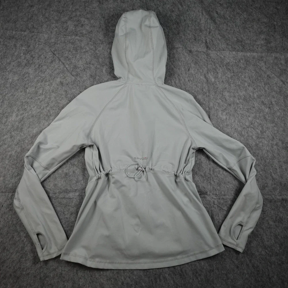 Spyder Jacket Womens‎ Medium Grey Full Zip Hooded Thumbholes Cinched Waist